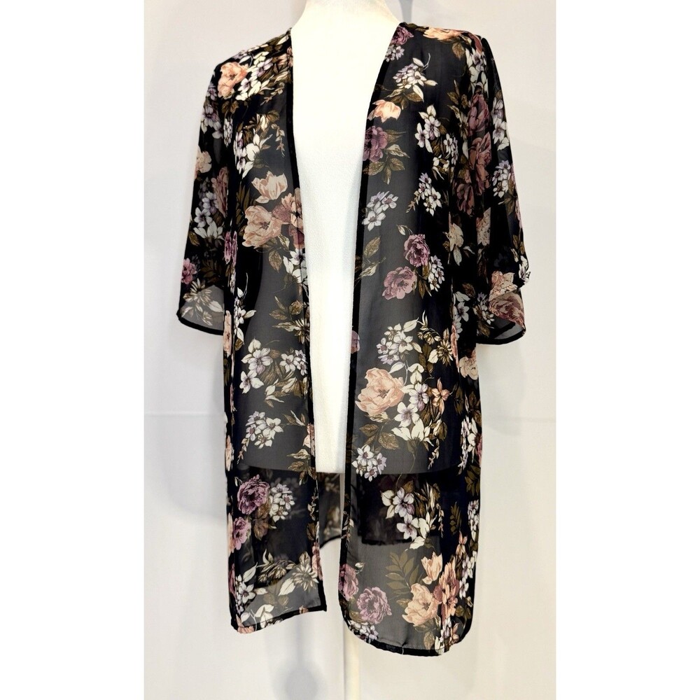 Kaleigh Women's S Black Floral Sheer Kimono Open Front Duster Cardigan